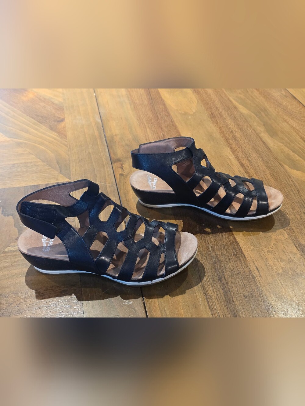 Dansko Black Leather Gladiator Sandals Sz 5.5 / 36 Hook Loop Wedge Valentina